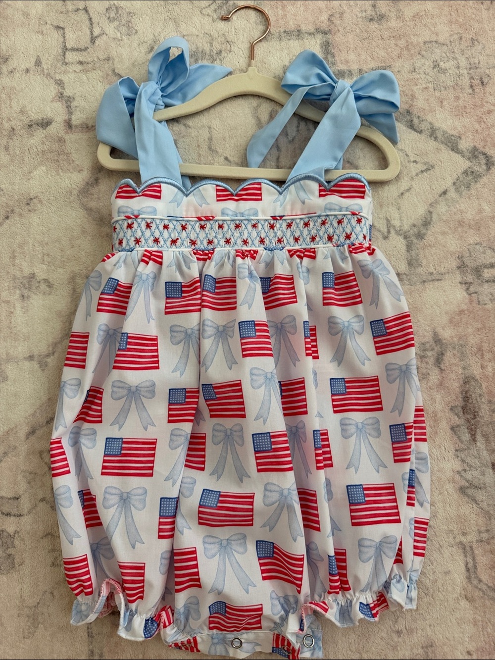 Patriotic Bow & Flag One-Piece Romper - Blue and Red